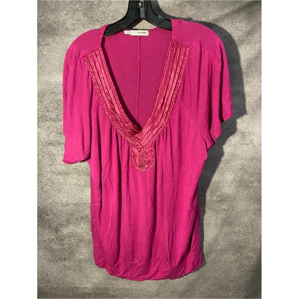 Maurices Plus Size 3 3X Magenta Pink Rosette Pleat V-Neck Bubble Hem Blouse Top
